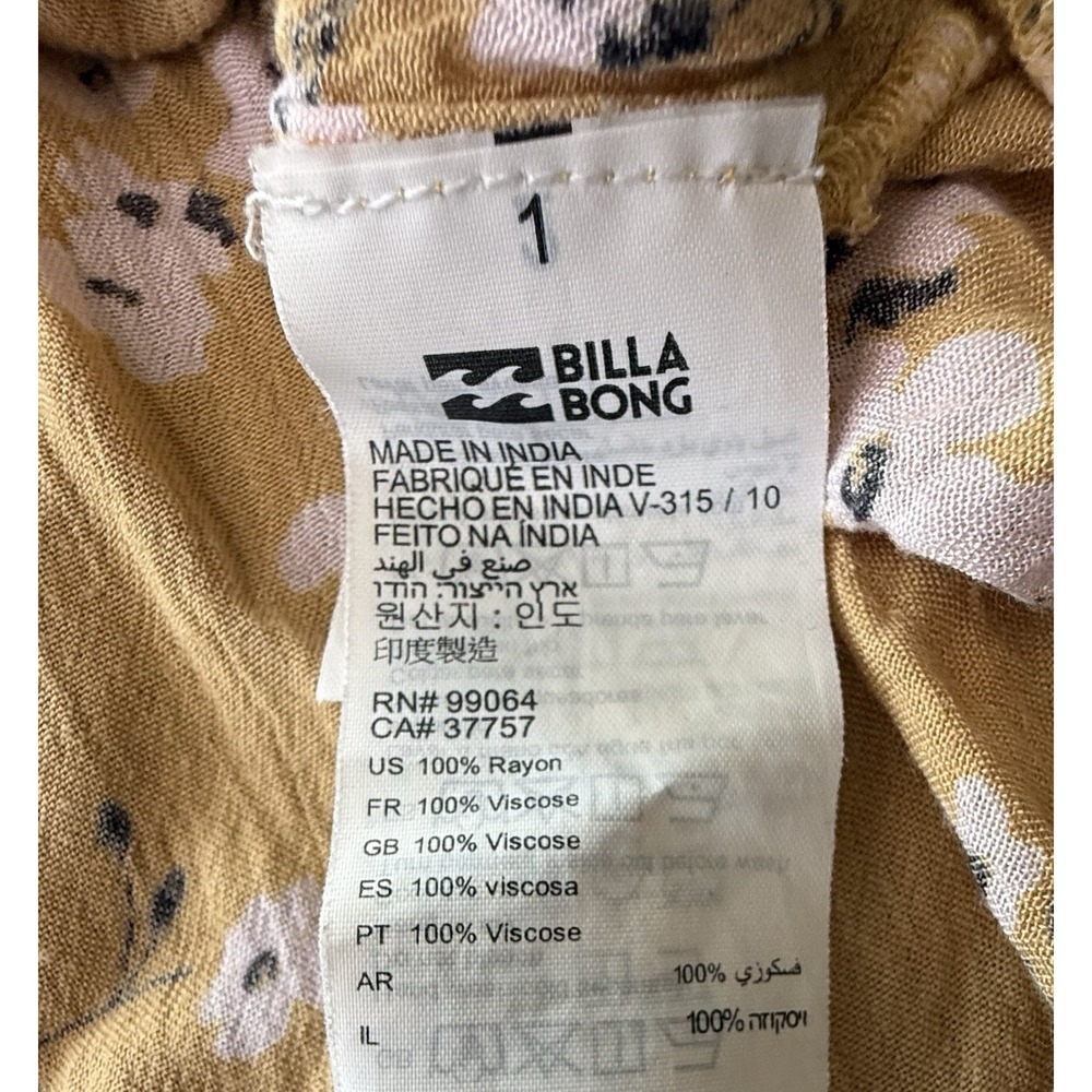 Billabong Floral Boho Mini Dress Yellow Ruffle Hem Long Sleeve M - Picture 7 of 10